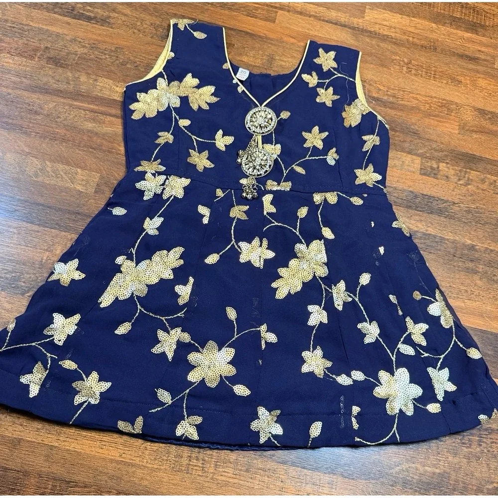 Girls navy blue and gold flower sequined dress.  Size 2T party dress, event.